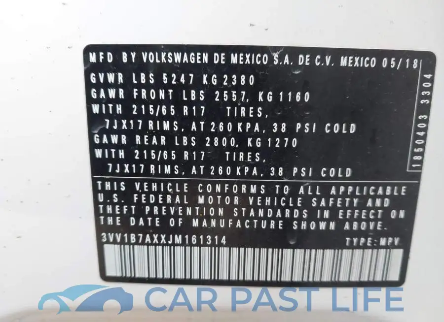 3VV1B7AXXJM161314# 9