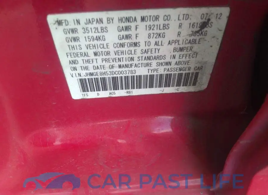 JHMGE8H53DC003783# 9