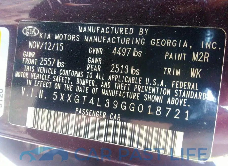 5XXGT4L39GG018721# 9