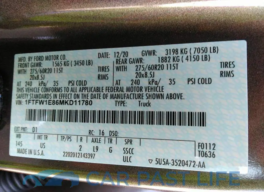 1FTFW1E86MKD11780# 9