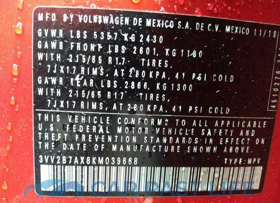 3VV2B7AX8KM039668# 9