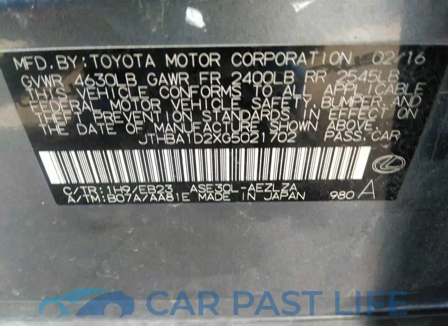 JTHBA1D2XG5021702# 9
