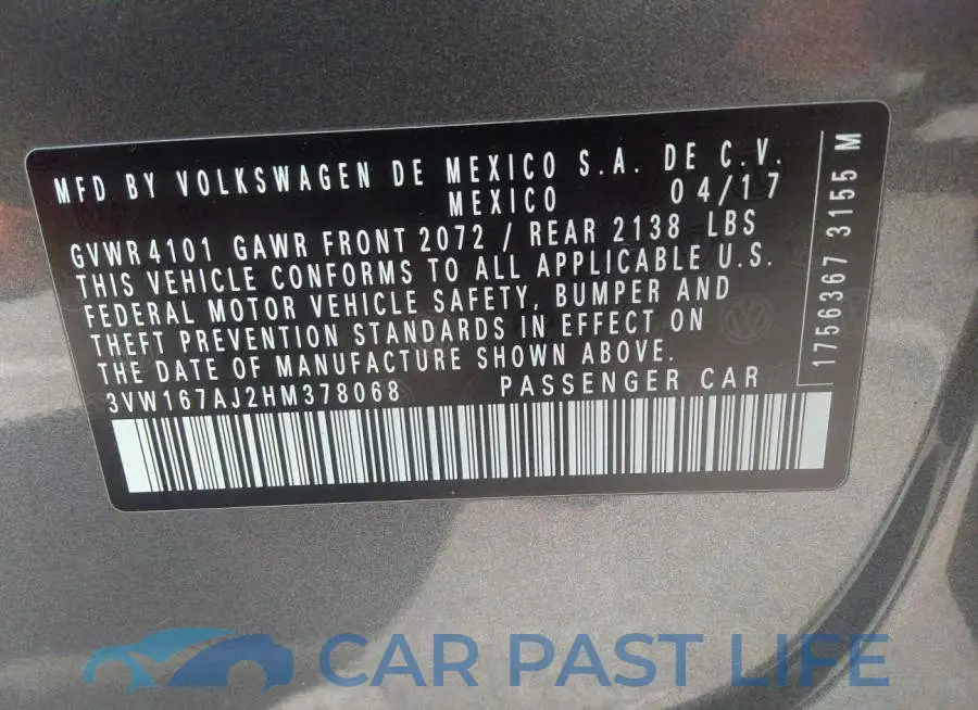 3VW167AJ2HM378068# 9
