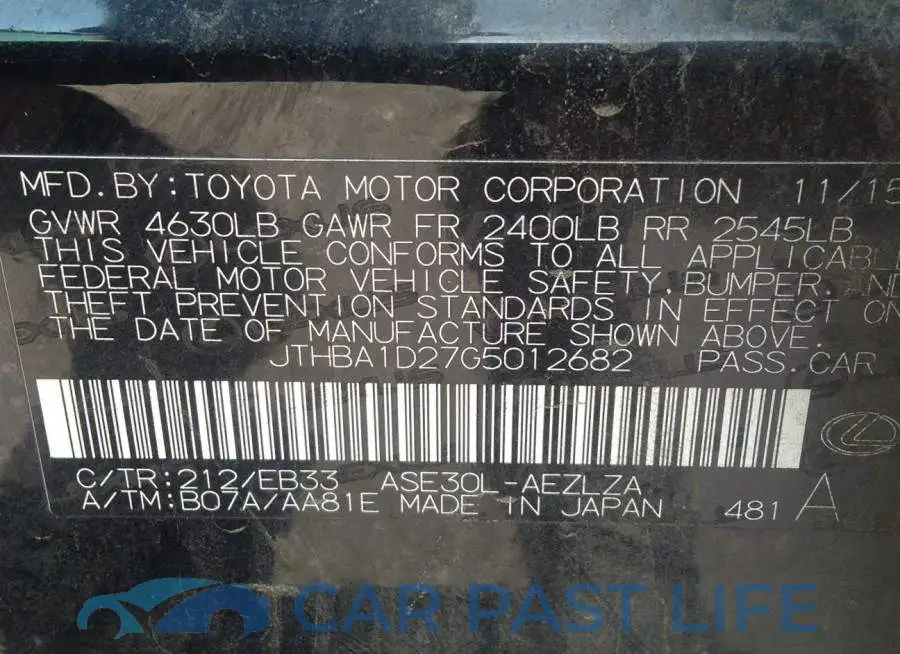 JTHBA1D27G5012682# 9