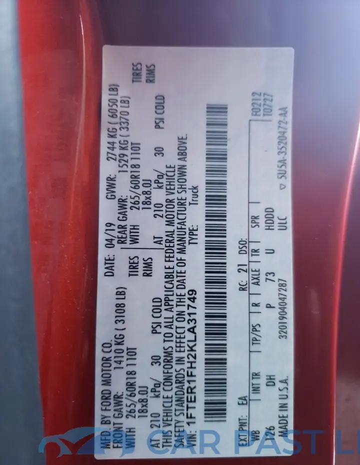 1FTER1FH2KLA31749# 12