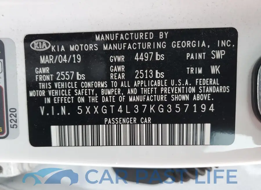 5XXGT4L37KG357194# 13