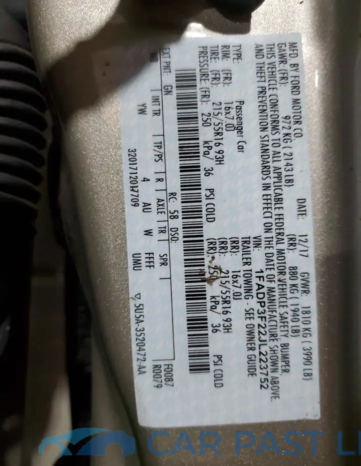 1FADP3F22JL223752# 12