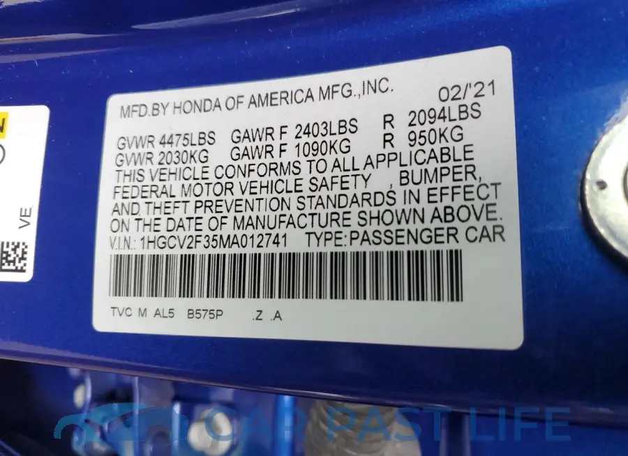 1HGCV2F35MA012741# 12