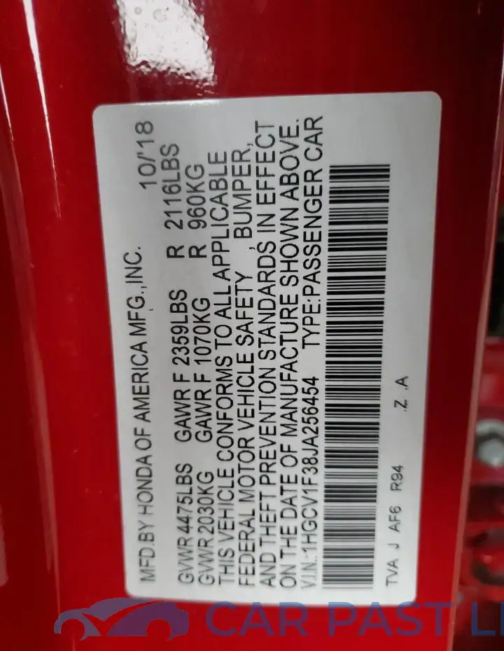 1HGCV1F38JA256454# 12