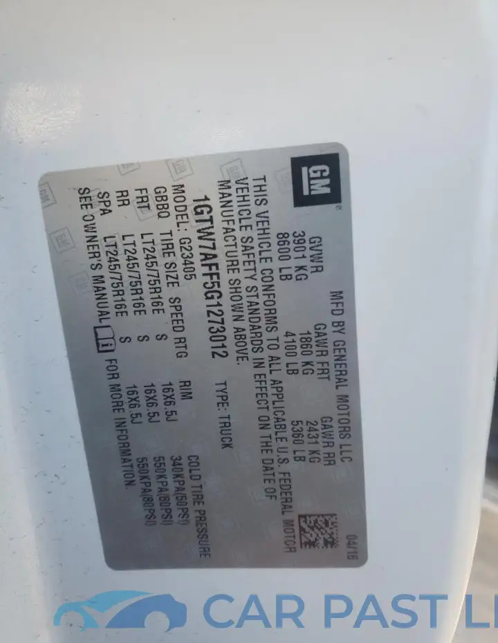 1GTW7AFF5G1273012# 12