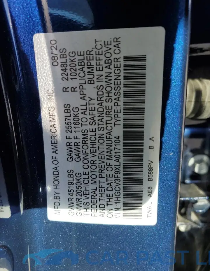 1HGCV3F9XLA017104# 12
