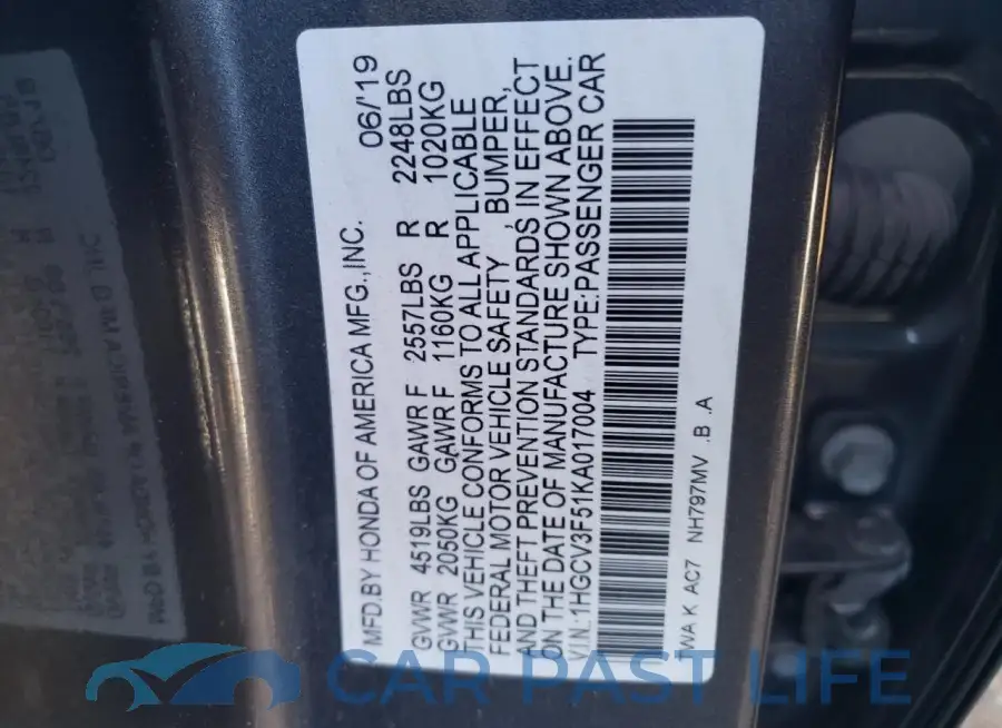 1HGCV3F51KA017004# 13