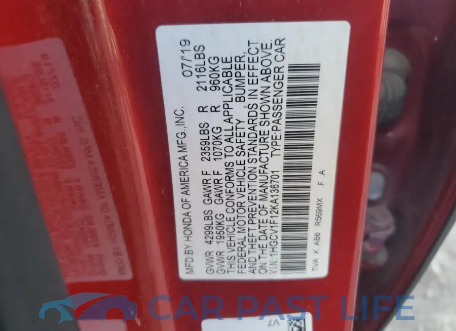 1HGCV1F12KA136701# 12