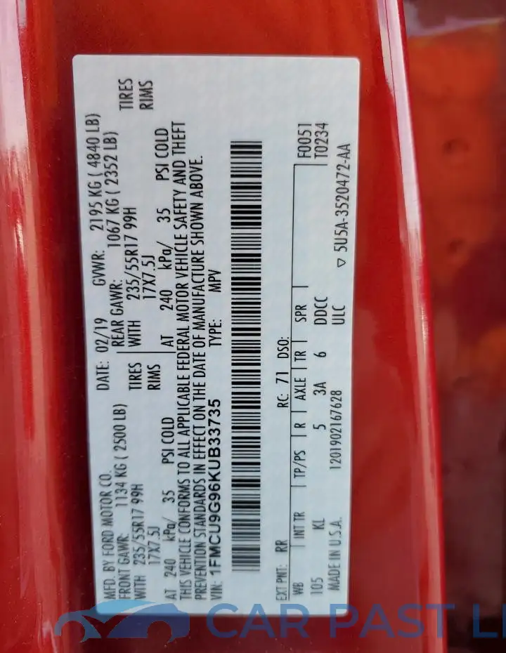1FMCU9G96KUB33735# 12