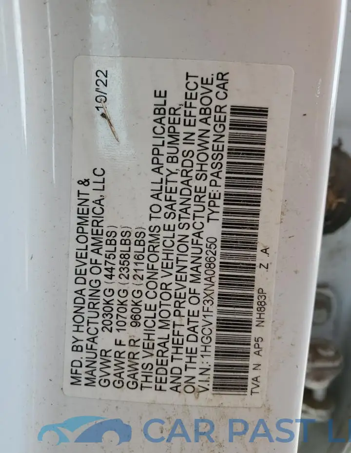 1HGCV1F3XNA086250# 12