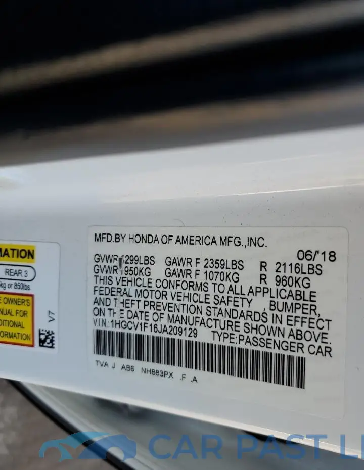 1HGCV1F16JA209129# 12