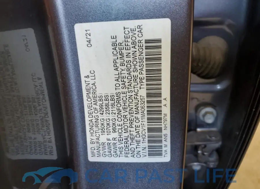 1HGCV1F11MA063257# 12