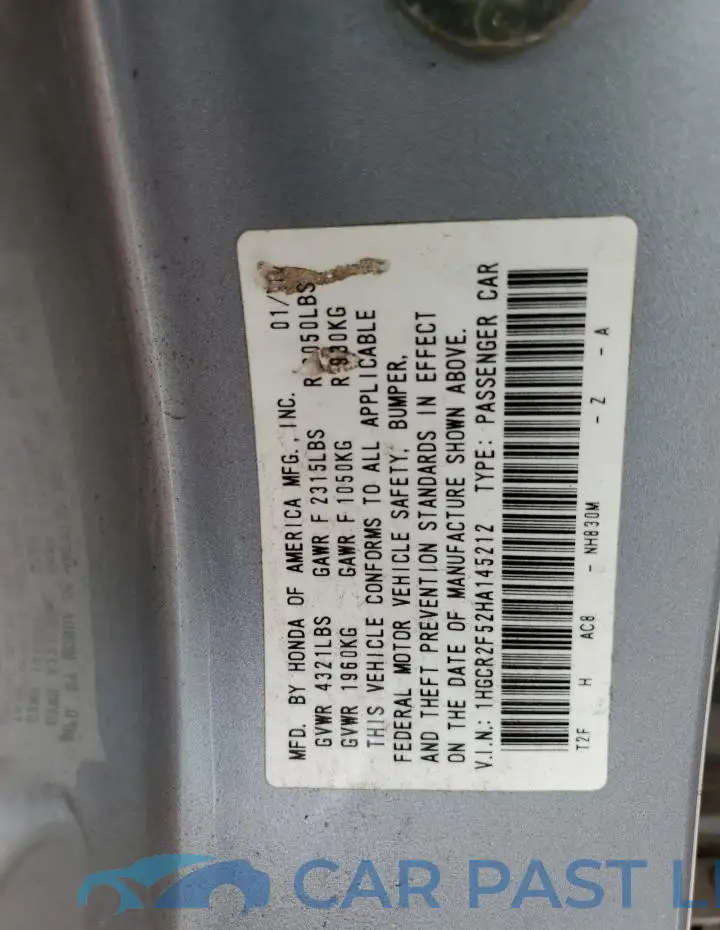 1HGCR2F52HA145212# 12