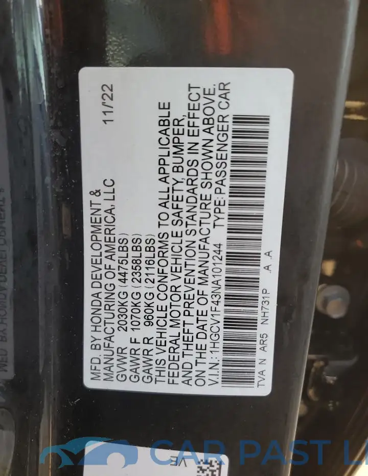 1HGCV1F43NA101244# 12