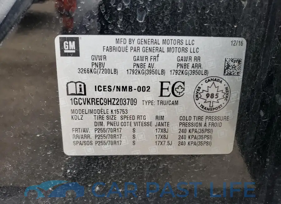 1GCVKREC9HZ203709# 12
