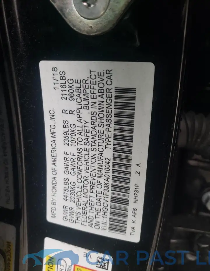 1HGCV1F33KA010042# 12