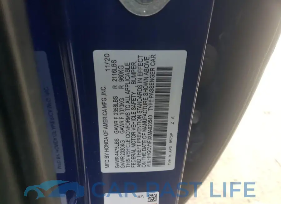 1HGCV1F3XMA020540# 12