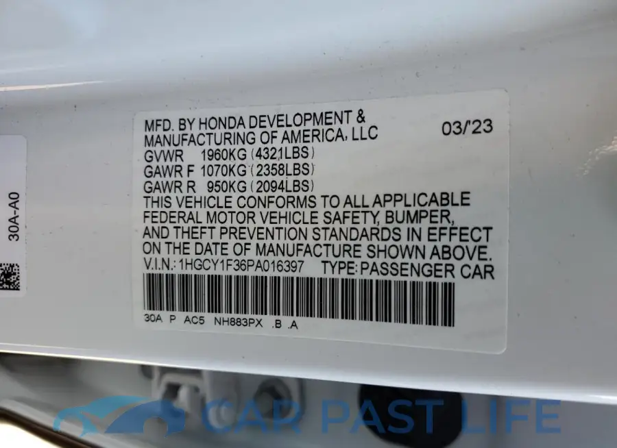1HGCY1F36PA016397# 12