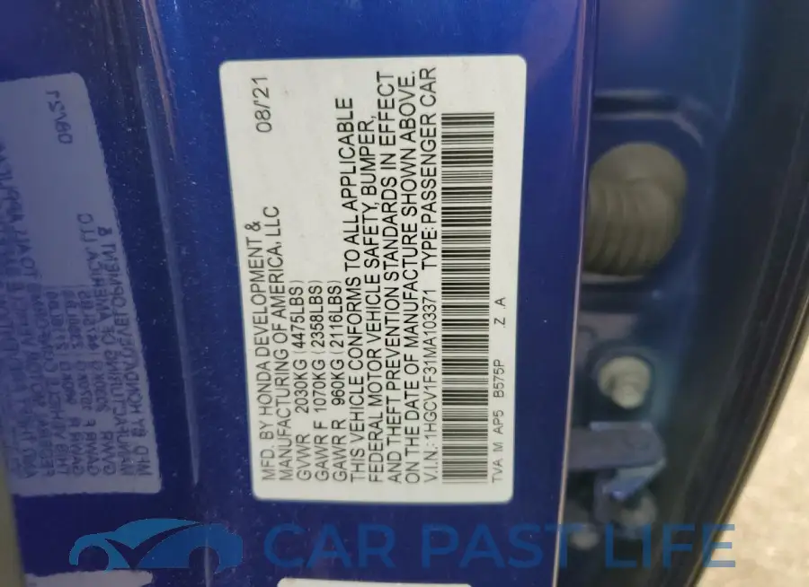 1HGCV1F31MA103371# 12