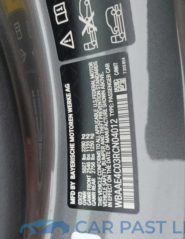 WBAAE4C03RCN04012# 12