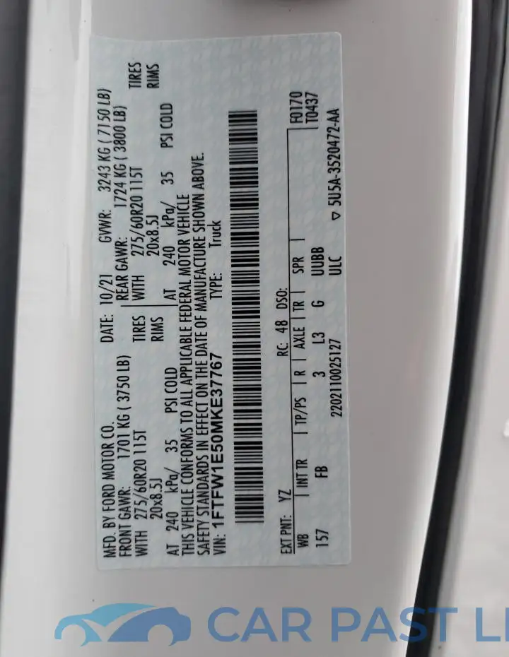 1FTFW1E50MKE37767# 12