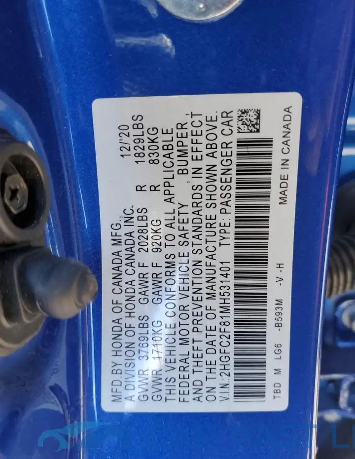 2HGFC2F81MH531401# 12