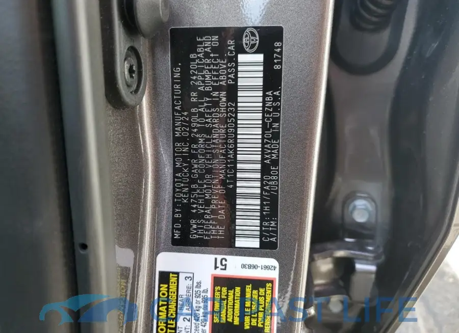 4T1C11AK6RU905232# 12