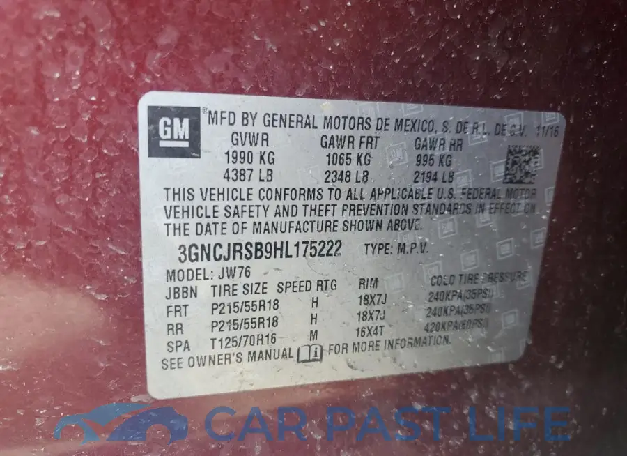 3GNCJRSB9HL175222# 12
