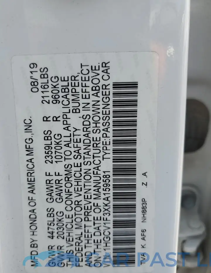 1HGCV1F3XKA159581# 13