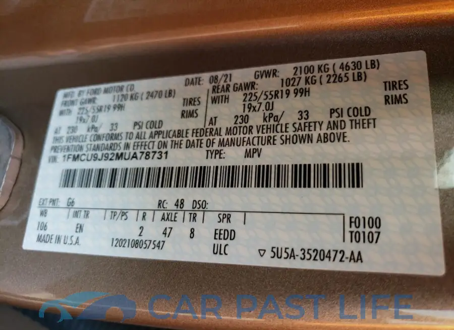 1FMCU9J92MUA78731# 12