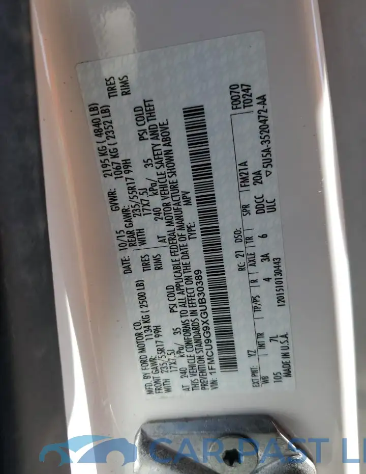 1FMCU9G9XGUB30389# 12