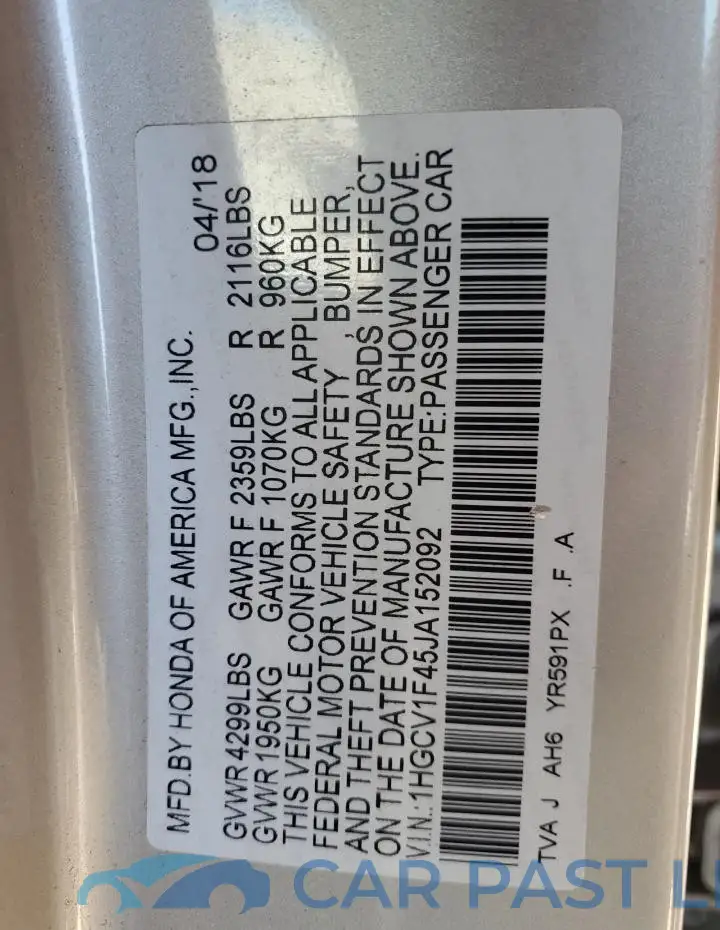 1HGCV1F45JA152092# 12