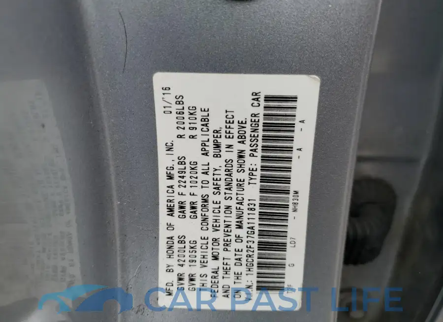 1HGCR2F37GA111831# 12