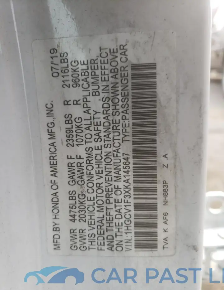1HGCV1F3XKA145647# 13