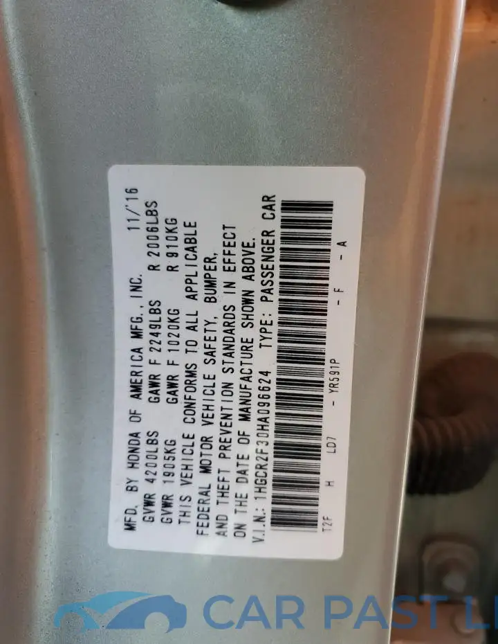 1HGCR2F30HA096624# 12