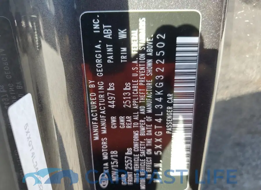 5XXGT4L34KG322502# 12