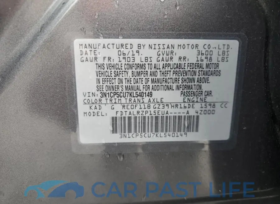 3N1CP5CU7KL540149# 12