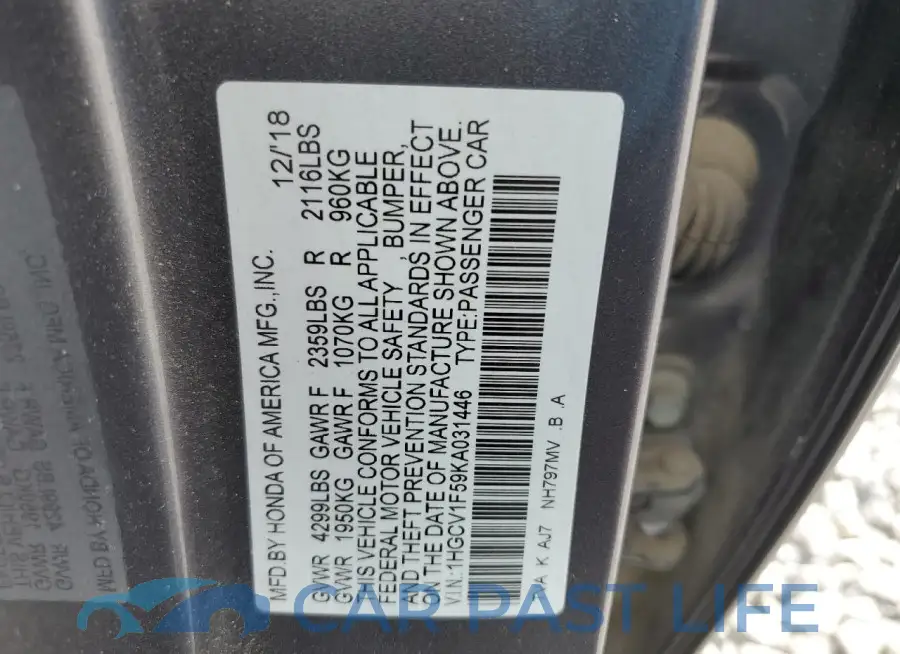 1HGCV1F59KA031446# 12