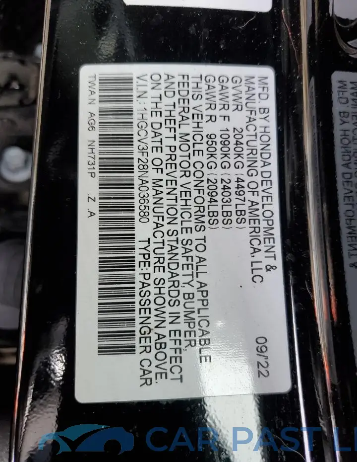 1HGCV3F28NA036580# 12