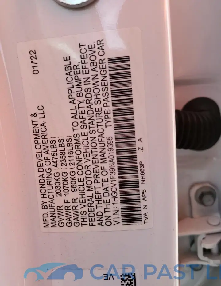 1HGCV1F39NA019395# 12