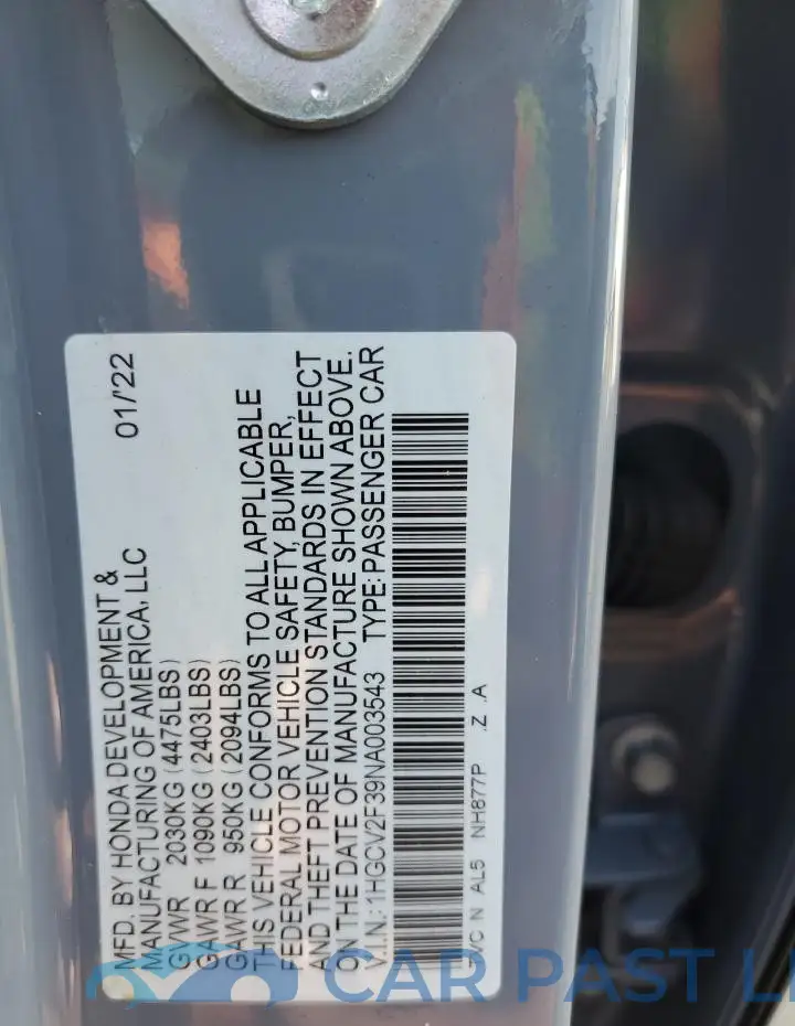 1HGCV2F39NA003543# 12
