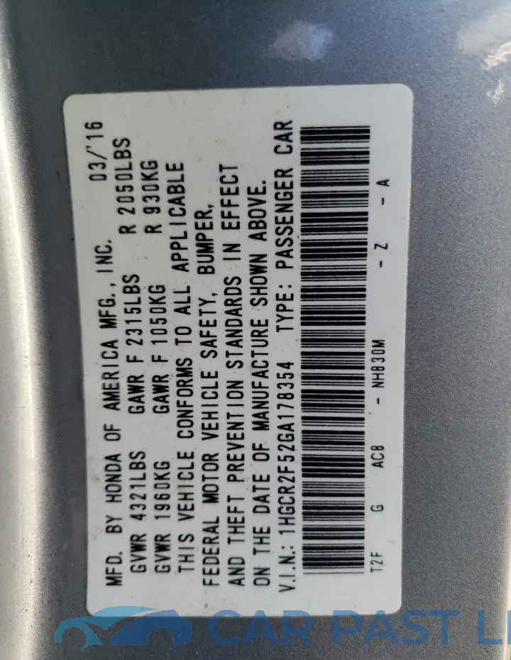 1HGCR2F52GA178354# 13