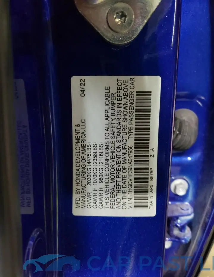 1HGCV1F39NA047956# 12