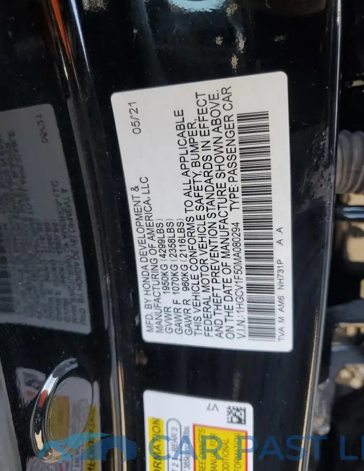 1HGCV1F50MA080294# 12