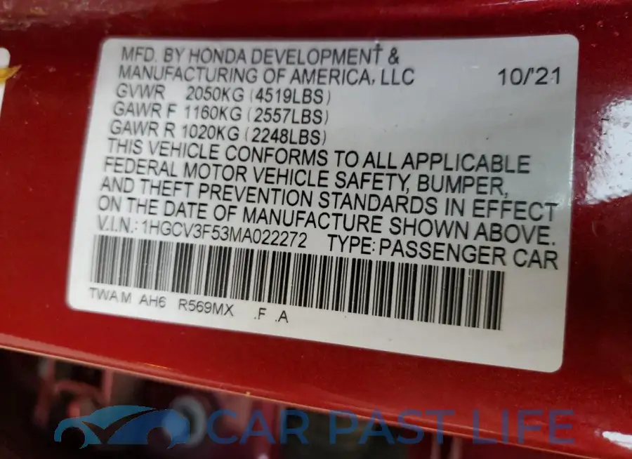 1HGCV3F53MA022272# 12